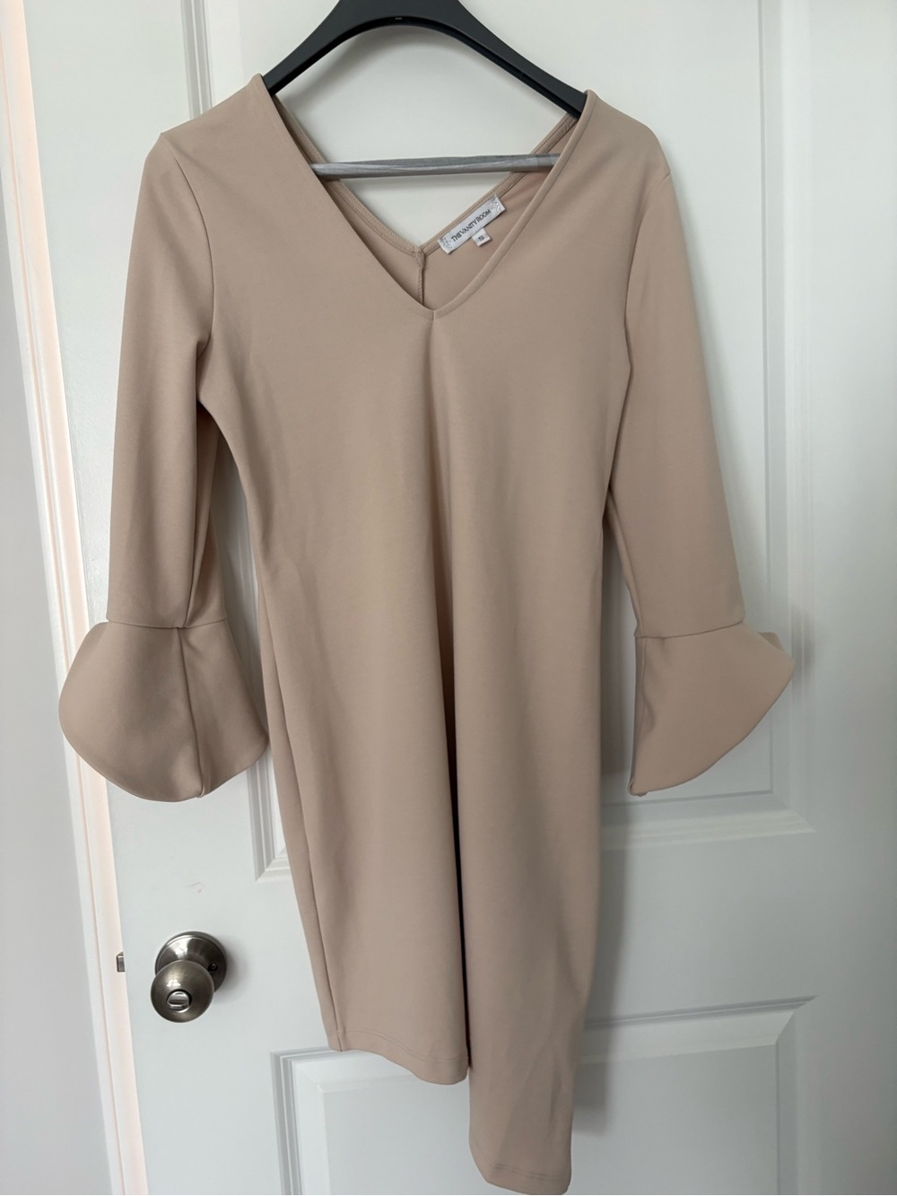 The Vanity Room Beige V-Neck Midi Dress with Bell Sleeves